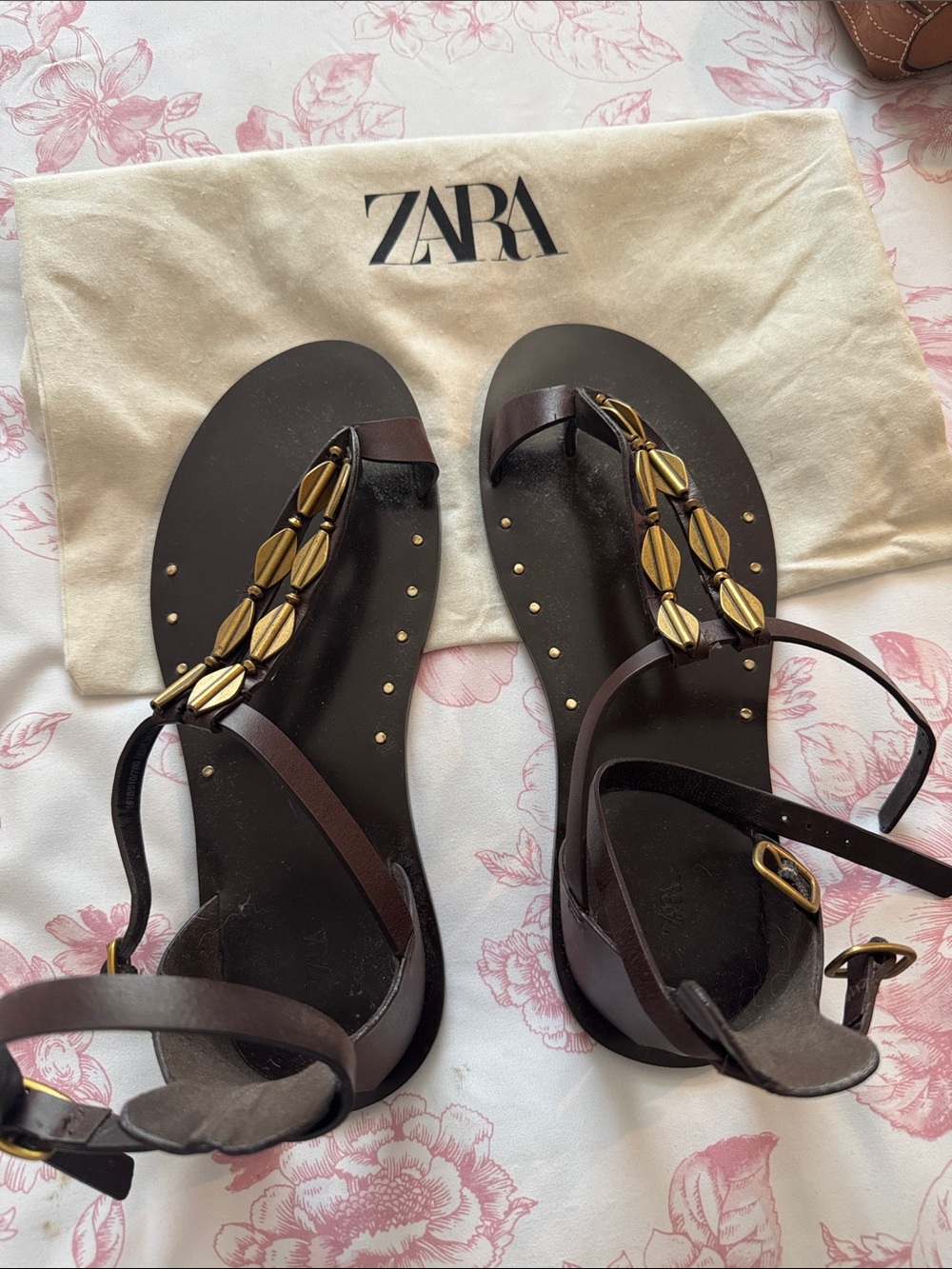 ZARA Dark Brown Leather T-Strap Sandals with Gold Bead Detailing